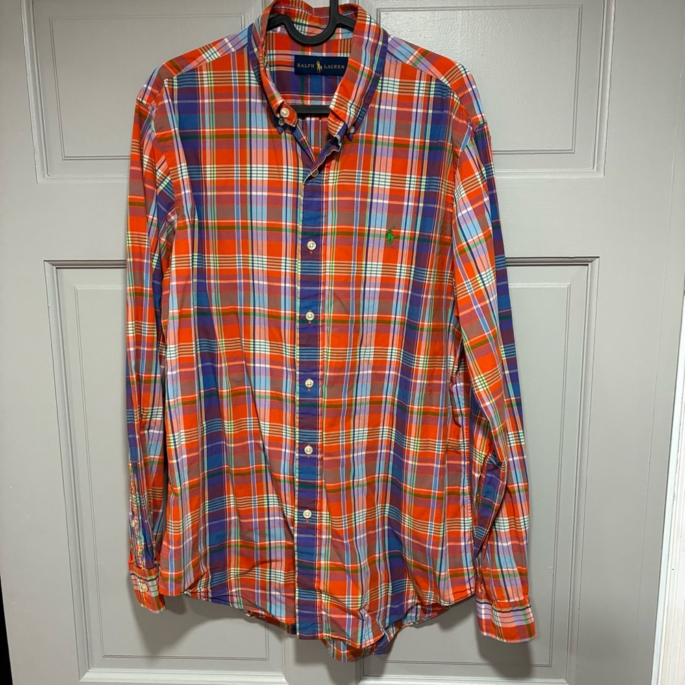 Ralph Lauren Shirt Men Size Medium Plaid Poplin Button-Down Plaid Custom Fit